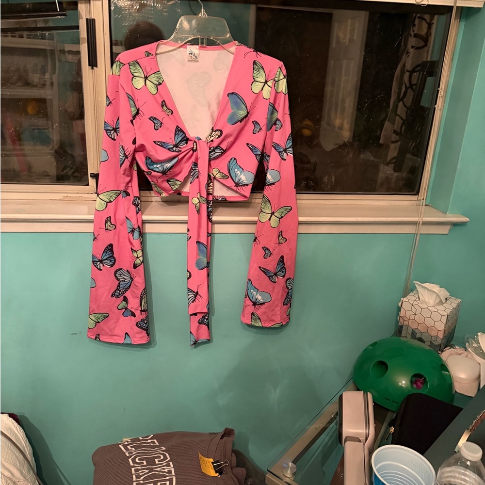 iHeartRaves Pink Butterfly Tie-Front Blouse